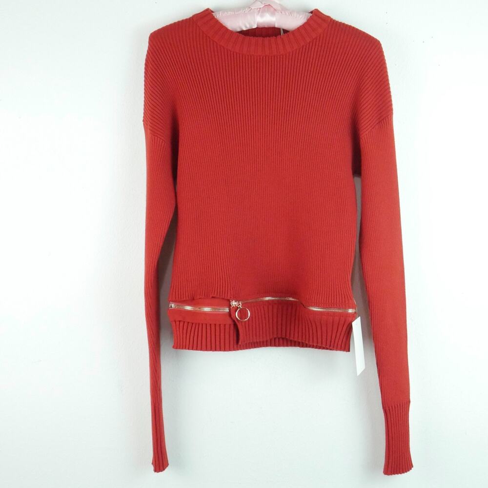 For Love and Lemons XL Sweater Annie Rust Ribbed Knit Zipper Sweater NWT Crop